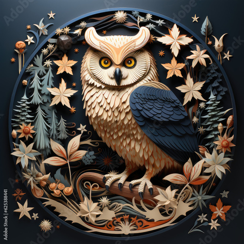 paper cut style decoration including barn owl, wallpaper background image photo