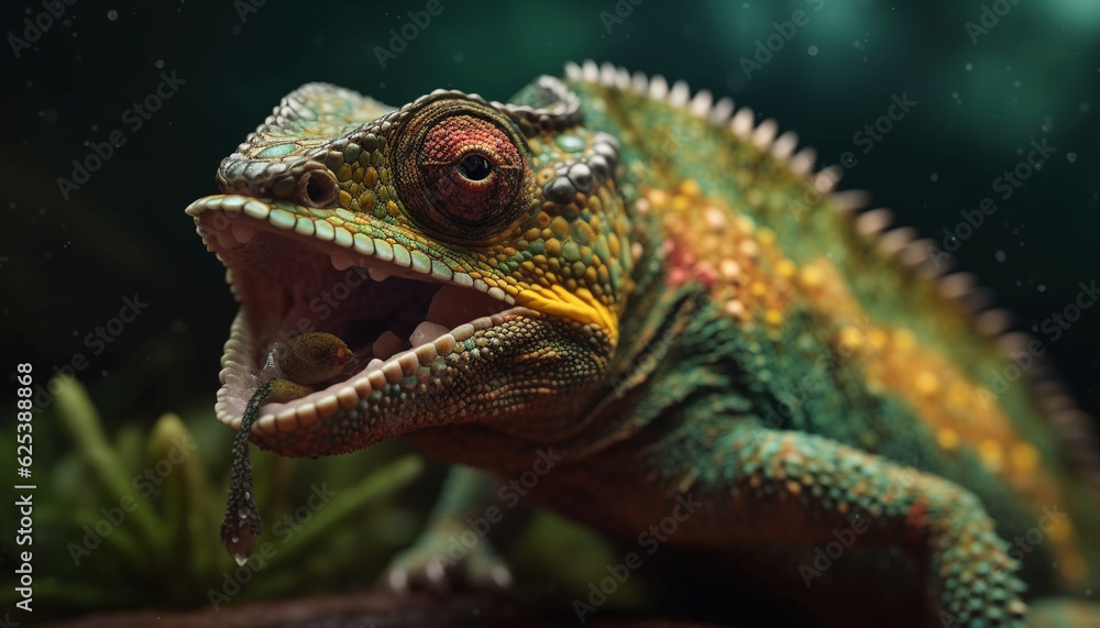 Fototapeta premium Green lizard in tropical forest, horned and cute, selective focus generated by AI