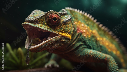 Green lizard in tropical forest, horned and cute, selective focus generated by AI