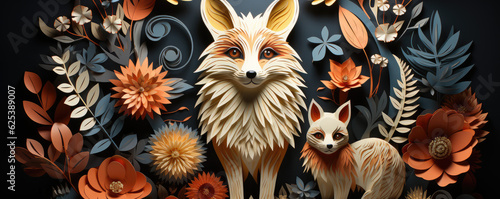 paper cut style decoration including fennec fox and forest ornaments, wallpaper background image photo