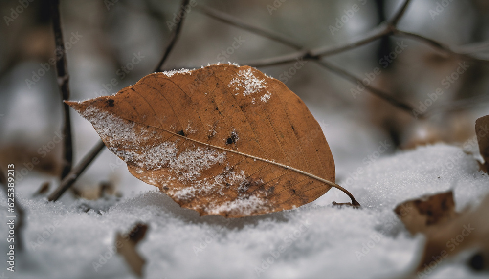 Obraz premium Vibrant autumn foliage on frosty branches in snowy forest scene generated by AI