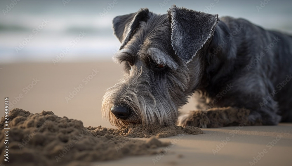 Cute terrier puppy looking at camera on sandy beach at sunset generated by AI