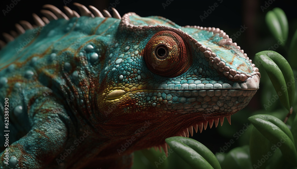Obraz premium Green lizard scales patterned with multi colored horned scales in nature generated by AI