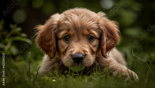 Cute puppy sitting on green grass, looking at camera playfully generated by AI