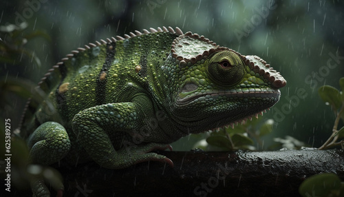 Green iguana on wet branch in tropical rainforest, looking cute generated by AI