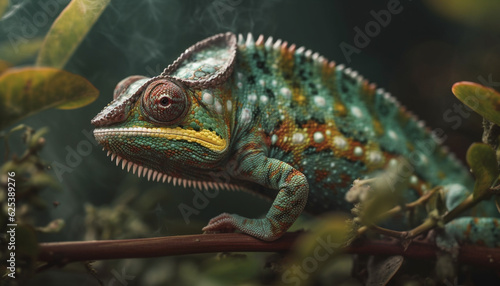 Spotted gecko on branch, green and yellow scales, close up portrait generated by AI © djvstock