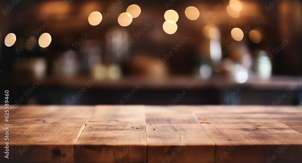 Empty wooden table top in front of abstract blurred background with garlands of lights, for product display in cafe