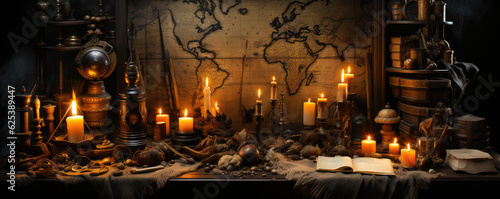 pirate captains desk with map and different tools, lit by oil lamps, wallpaper background image