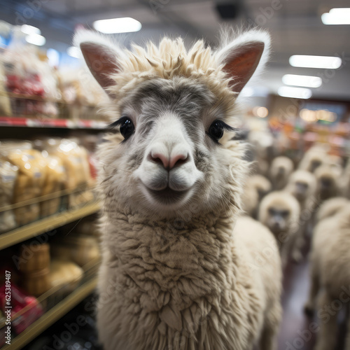 selfie of adorable baby lama in supermarket, background wallpaper image, Concept of motion, action, movement photo