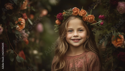 Wallpaper Mural Cute Caucasian girl smiling, holding flower wreath in autumn forest generated by AI Torontodigital.ca