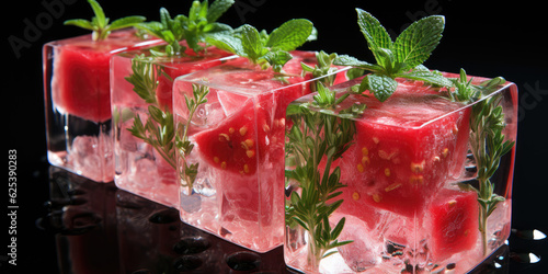 watermelon with clean cuts inside ice cubes, summer vibe, summer fruits, background wallpaper image, watermelon day photo