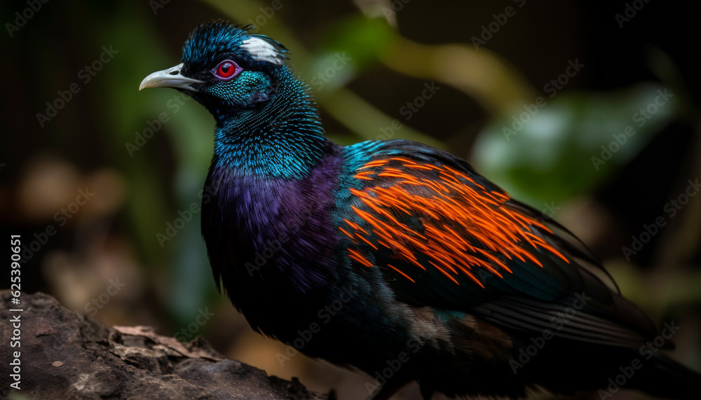 Peacock perching on branch, vibrant colors showcase natural beauty generated by AI