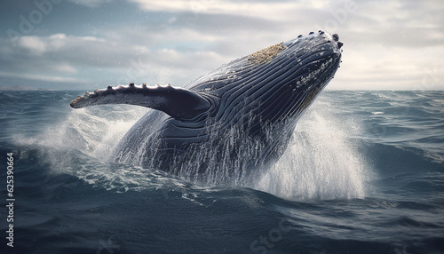 Majestic humpback whale breaches, splashing in the arctic waters generated by AI © djvstock