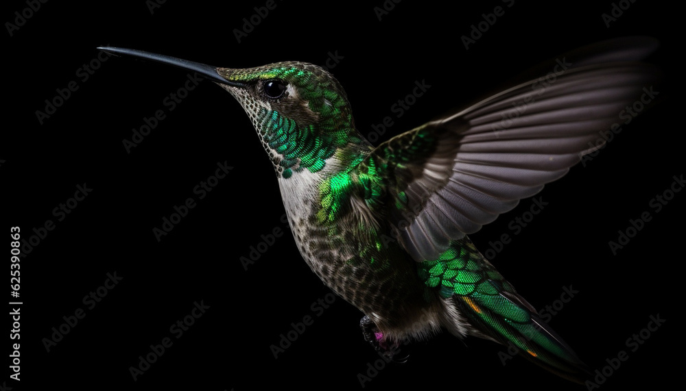 Fototapeta premium Hovering hummingbird flapping iridescent wings in mid air, pollinating nature beauty generated by AI