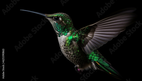 Hovering hummingbird flapping iridescent wings in mid air, pollinating nature beauty generated by AI
