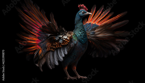 Majestic rooster flying with vibrant tail feathers in full motion generated by AI