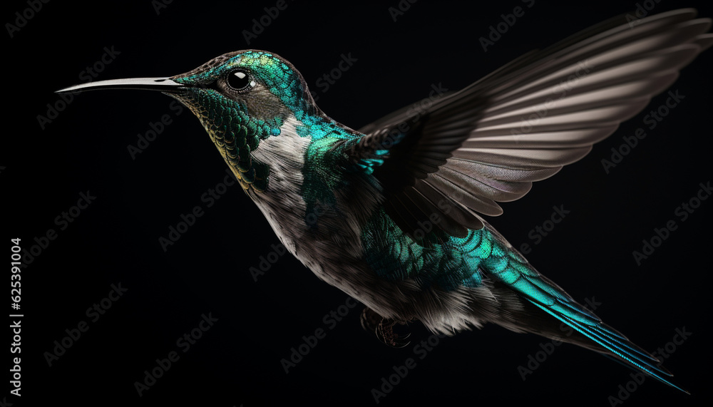 Fototapeta premium Hovering hummingbird spreads iridescent wings in mid air motion generated by AI