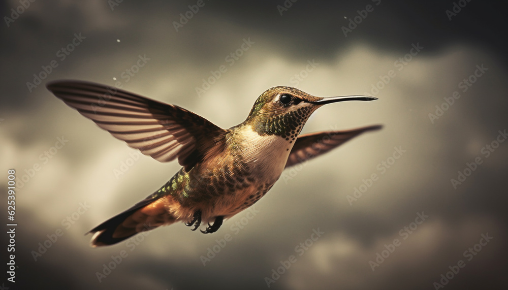 Fototapeta premium Rufous hummingbird hovering mid air, flapping iridescent wings in nature generated by AI