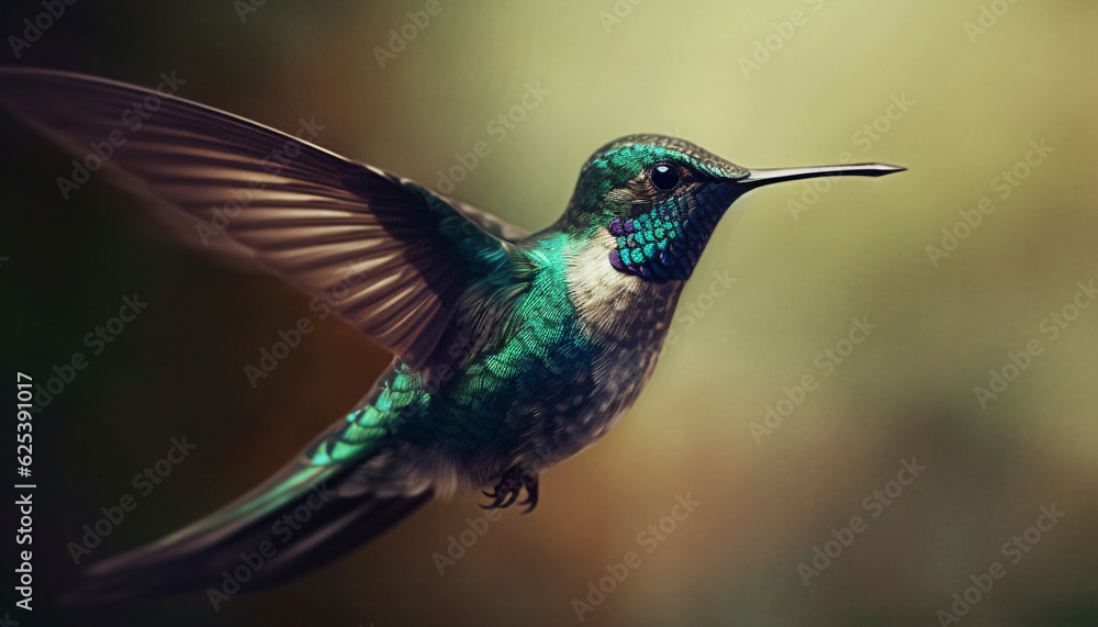 Fototapeta premium Hovering hummingbird flapping iridescent wings, pollinating vibrant flowers in nature generated by AI