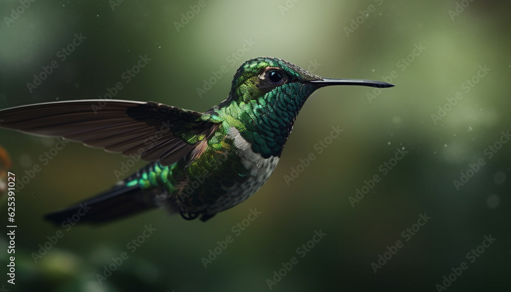 Fototapeta premium Hovering hummingbird flapping iridescent wings, pollinating vibrant flowers in nature generated by AI