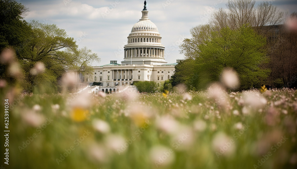 Fototapeta premium Neo classical Capitol Building, American Flag, and Blossoming Meadow Represent Patriotism generated by AI
