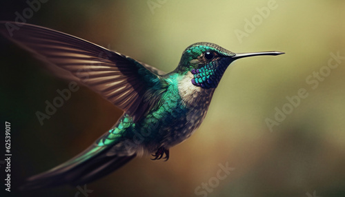 Hovering hummingbird flapping iridescent wings, pollinating vibrant flowers in nature generated by AI