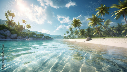 Idyllic tropical coastline, palm trees sway in tranquil seascape sunset generated by AI