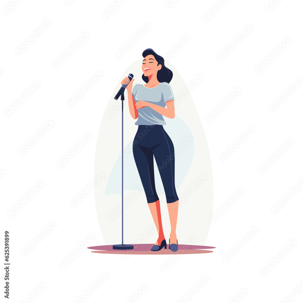 Stand up comedian woman performing and laughing on a stage, vector isolated illustration Stand up comedian woman performing and laughing on a stage, vector isolated illustration