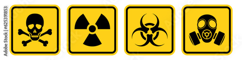 Set hazard danger yellow vector signs. Radiation sign, Biohazard sign, Toxic sign, Gas mask.