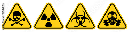 Set hazard danger yellow vector signs. Radiation sign, Biohazard sign, Toxic sign, Gas mask. photo