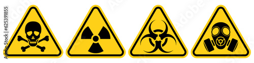 Set hazard danger yellow vector signs. Radiation sign, Biohazard sign, Toxic sign, Gas mask.