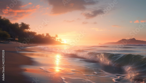 Tranquil sunset over tropical coastline, reflecting beauty in nature generated by AI