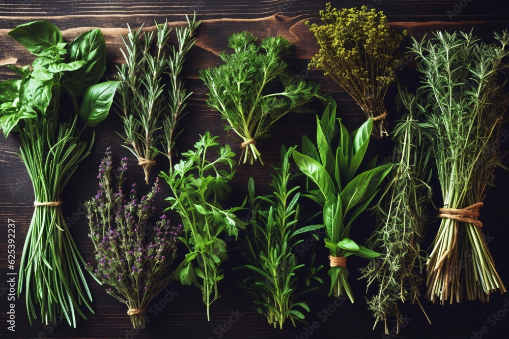 Obraz premium Natural culinary herb collection. Collection of culinary herbs, commonly used in cooking. Generative AI technology.