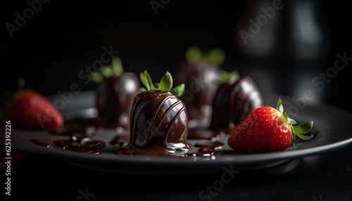 Indulgent gourmet plate with fresh organic berry and chocolate dipped strawberry generated by AI