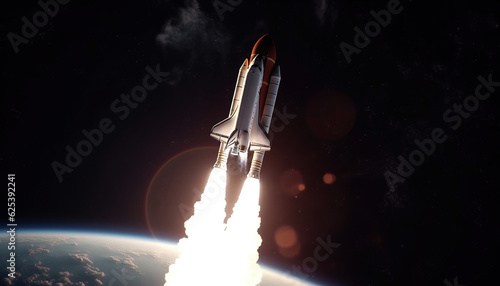 Space shuttle rocket launches in the sky and clouds fly into space. Sky and clouds, spaceship flying