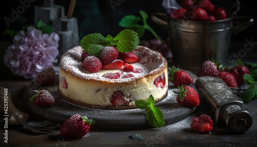 Rustic homemade berry cheesecake with fresh fruit and mint leaf decoration generated by AI