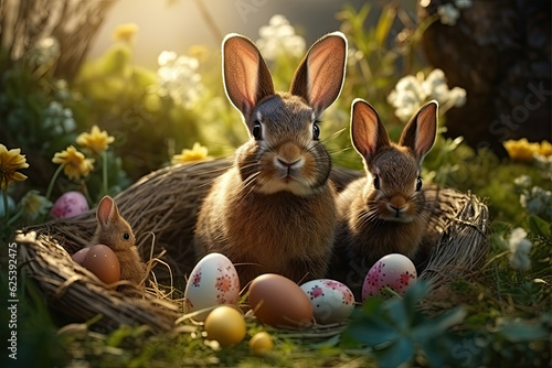cute white rabbits family and colorfull easter eggs on green grass Generative ai