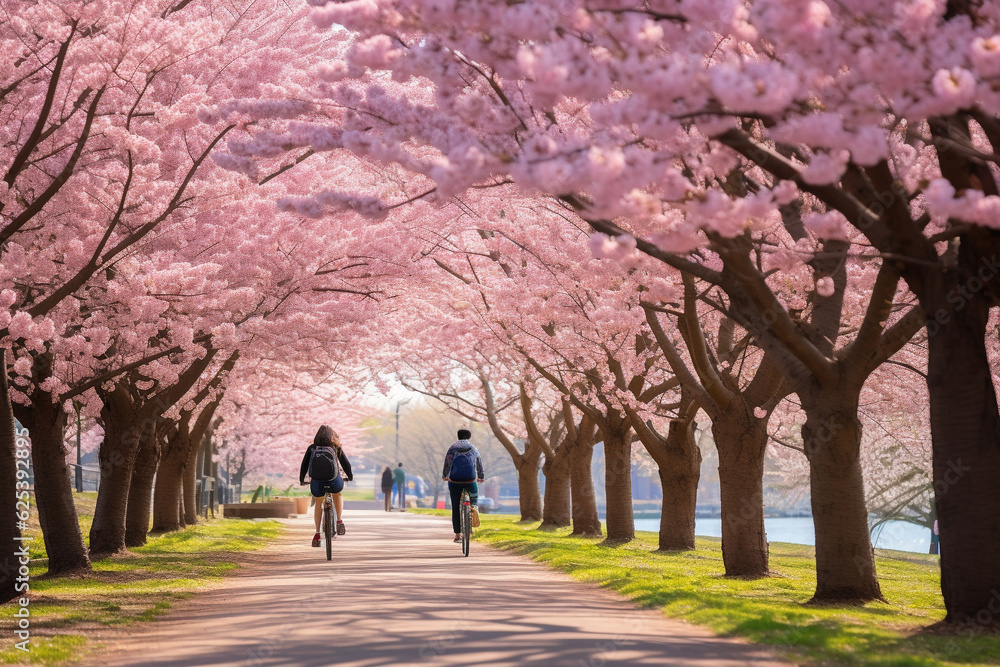 Expansive springtime park scene filled with blooming cherry blossoms and health-conscious individuals