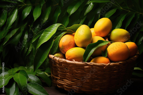 Wicker basket full of mangoes on green leaves background