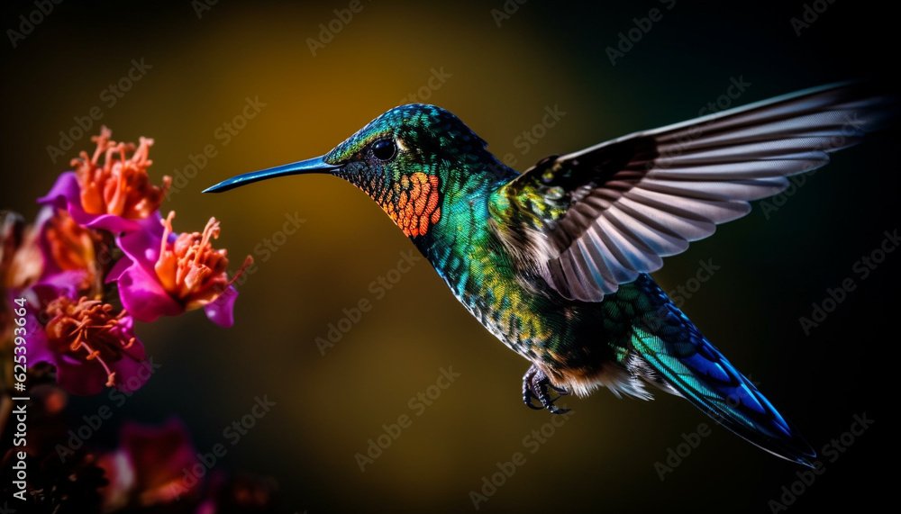 Fototapeta premium Vibrant hummingbird hovers mid air, spreading iridescent wings for pollination generated by AI