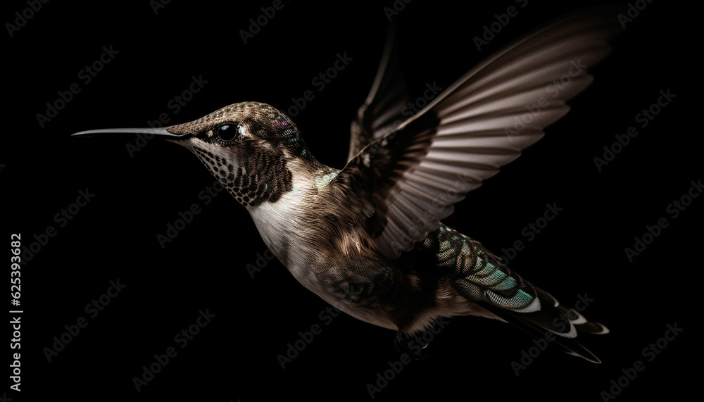 Fototapeta premium Hummingbird hovering mid air, spreading iridescent wings in full length generated by AI