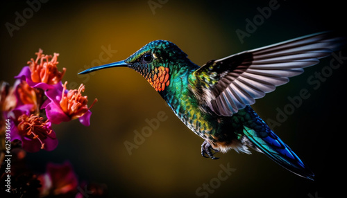 Vibrant hummingbird hovers mid air, spreading iridescent wings for pollination generated by AI © djvstock