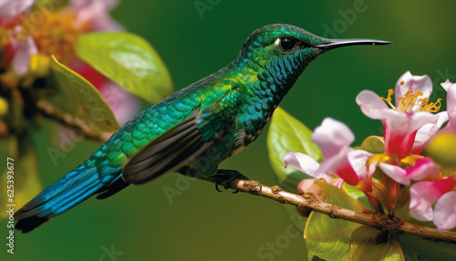 Hummingbird perching on branch, iridescent feathers, multi colored, close up generated by AI