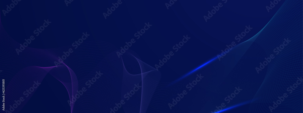 Abstract blue glowing line pattern on dark blue background with purple light. Geometric stripe line art design. Modern wide banner design. Futuristic concept. Vector illustration