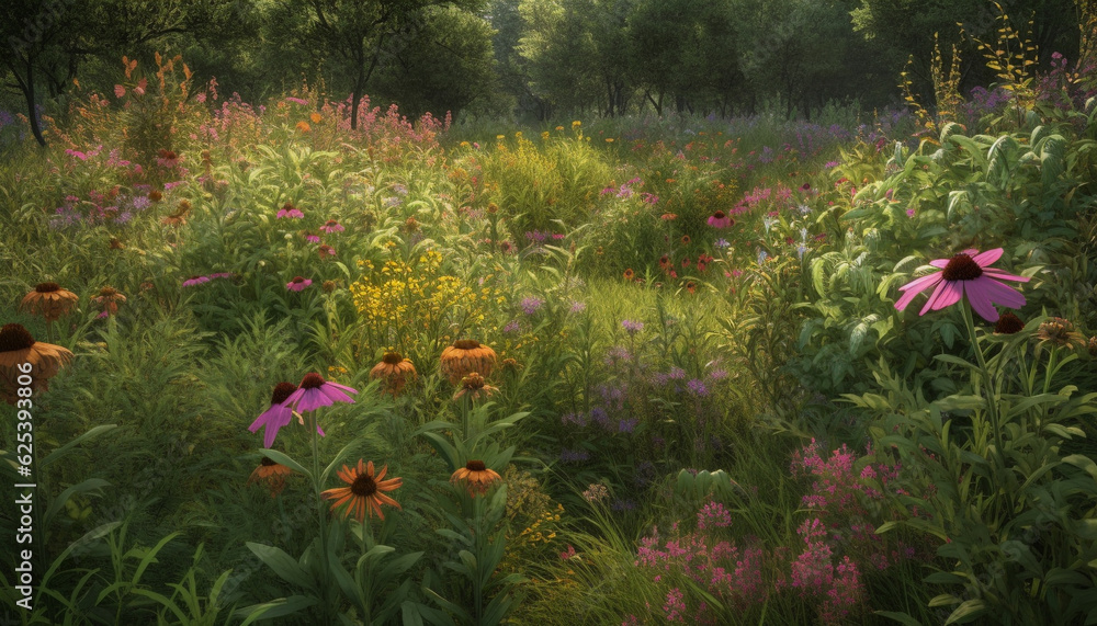 Vibrant wildflowers bloom in the uncultivated meadow, a natural beauty generated by AI