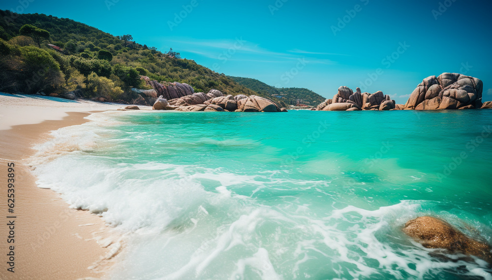 Tropical climate, turquoise waters, tranquil scene, rocky coastline, idyllic vacation generated by AI