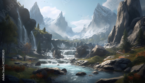 Majestic mountain range, towering cliff, flowing water, and green meadow generated by AI