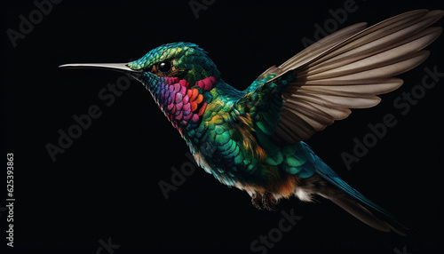 Hummingbird hovering mid air, iridescent feathers spread, multi colored beauty generated by AI