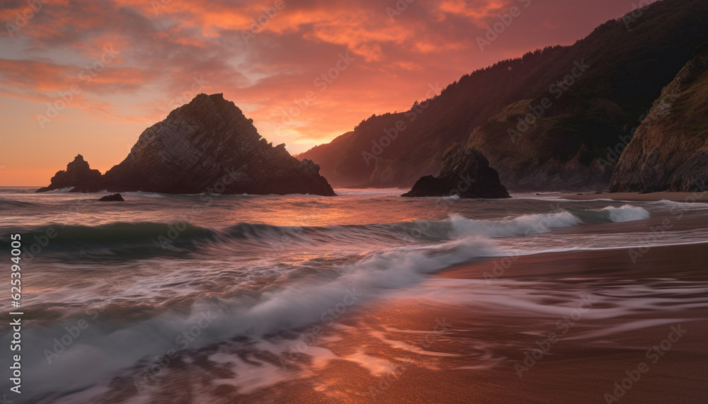 Obraz premium Idyllic sunset over majestic coastline, waves crash against rocky cliffs generated by AI