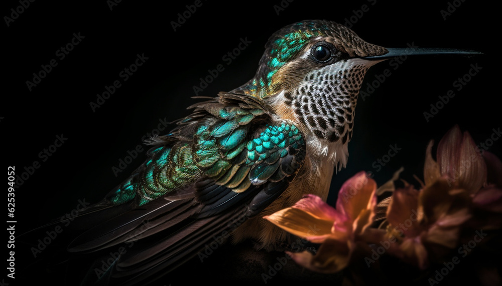 Fototapeta premium Vibrant hummingbird perching on green branch, iridescent feathers shining generated by AI
